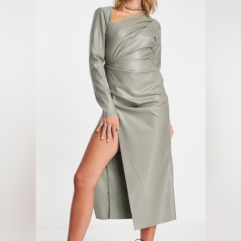Grey leather matte midi dress